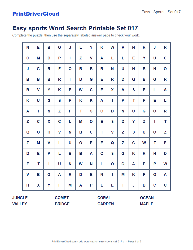 Preview of Easy sports Word Search Printable Set 017