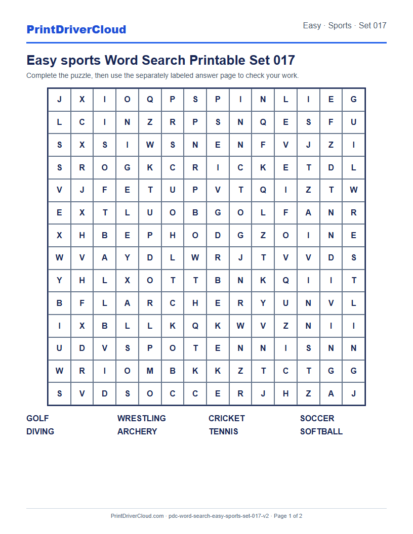 Easy Sports Word Search Printable Set 017 preview