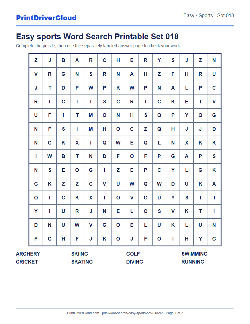 Easy Sports Word Search Printable Set 018 preview