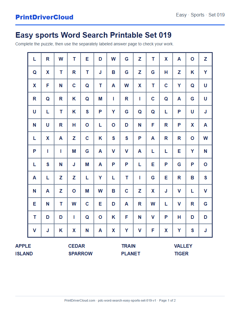 Preview of Easy sports Word Search Printable Set 019