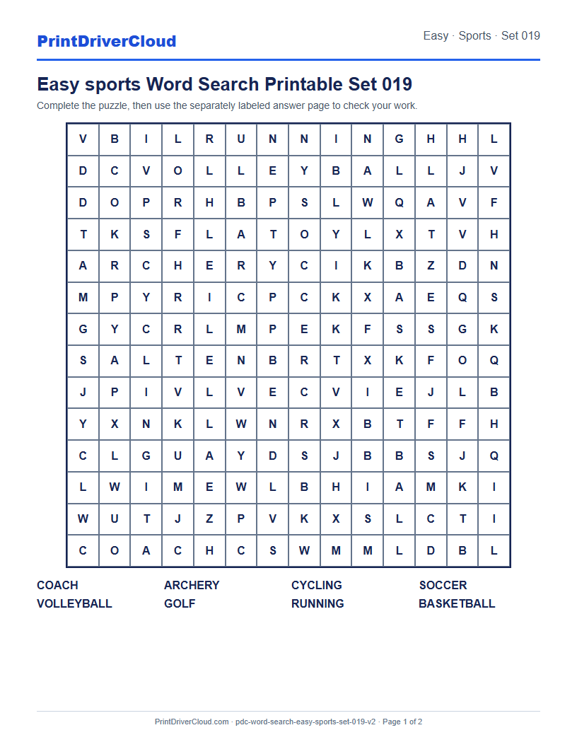 Easy Sports Word Search Printable Set 019 preview
