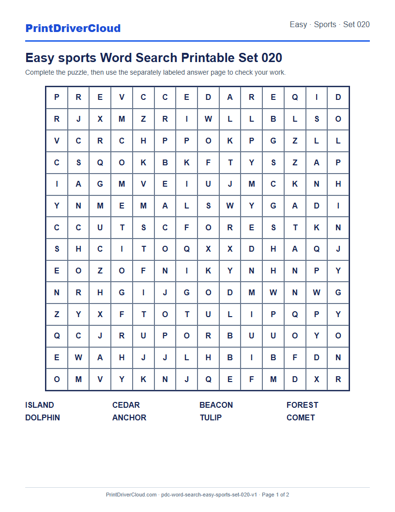 Preview of Easy sports Word Search Printable Set 020