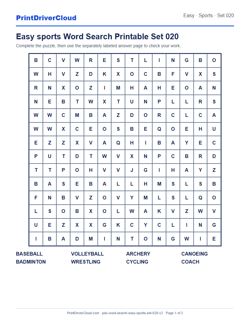 Easy Sports Word Search Printable Set 020 preview