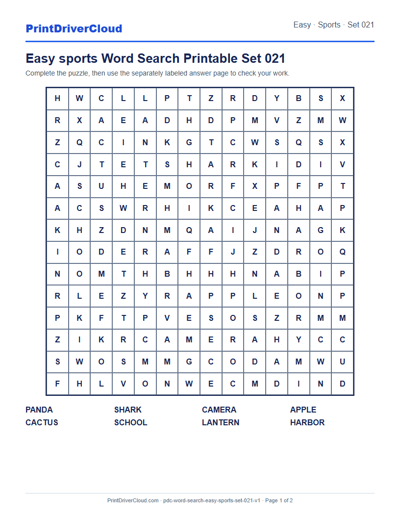 Preview of Easy sports Word Search Printable Set 021