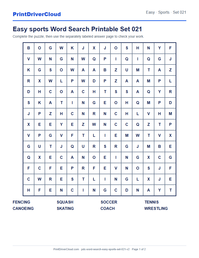 Easy Sports Word Search Printable Set 021 preview