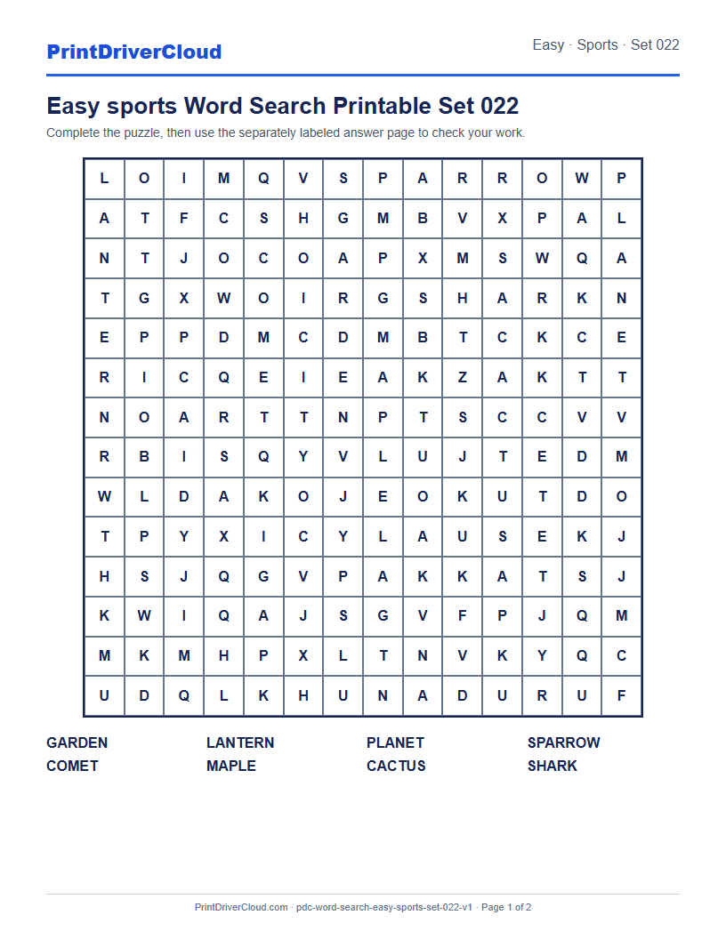 Preview of Easy sports Word Search Printable Set 022