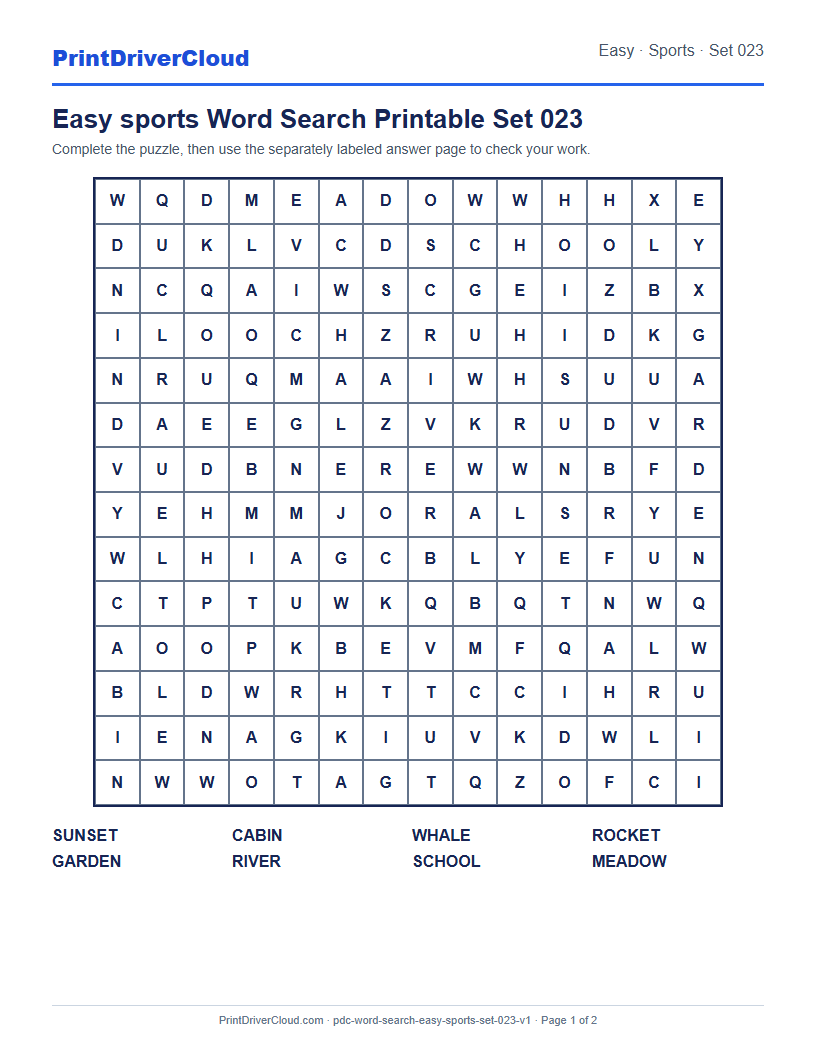 Preview of Easy sports Word Search Printable Set 023