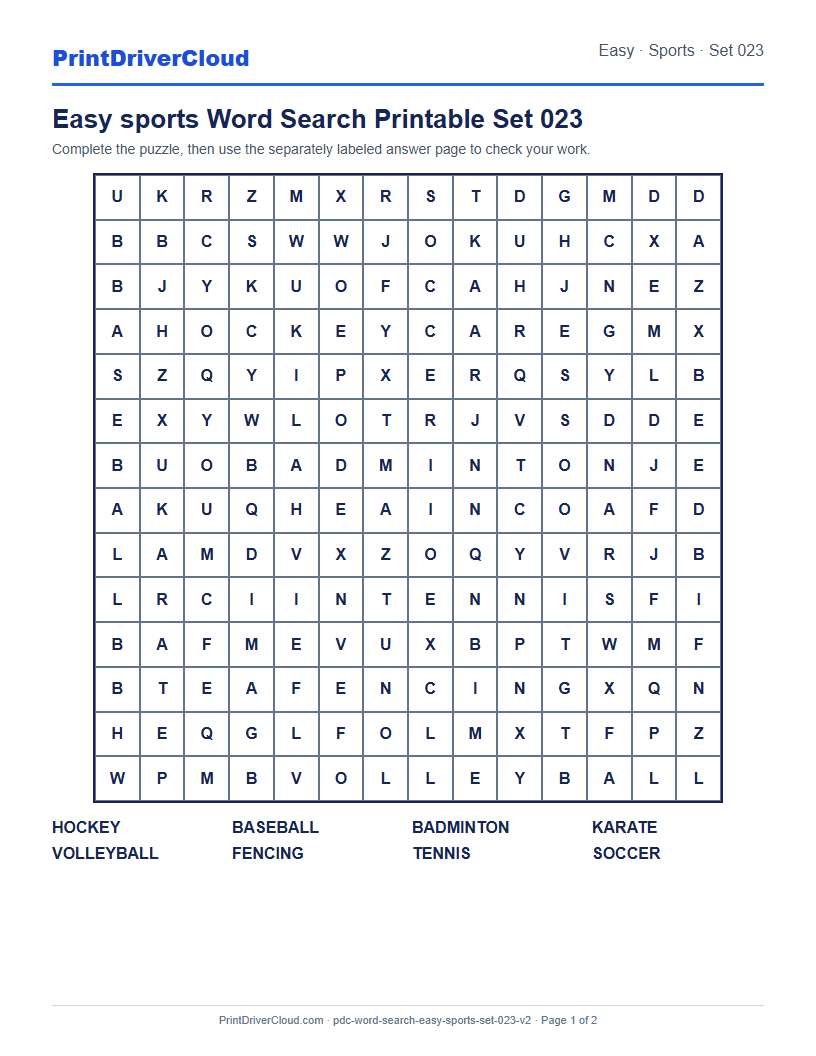 Easy Sports Word Search Printable Set 023 preview