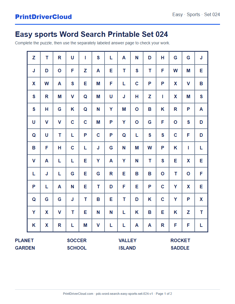 Preview of Easy sports Word Search Printable Set 024