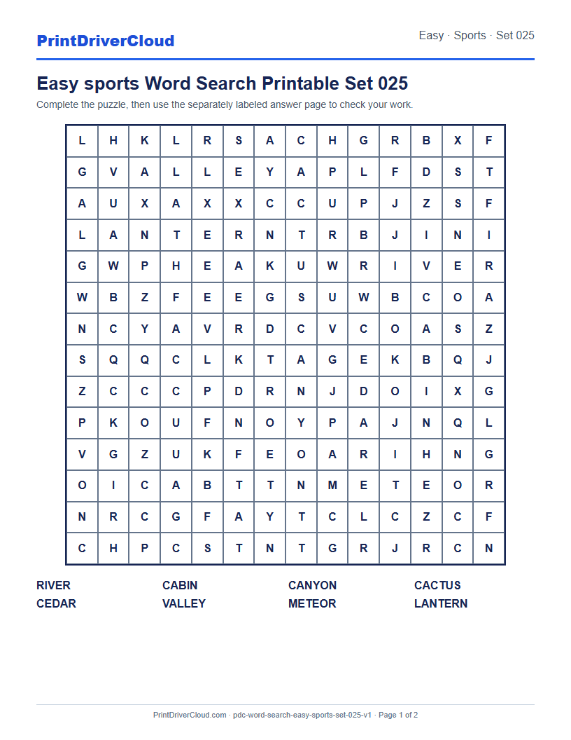 Preview of Easy sports Word Search Printable Set 025
