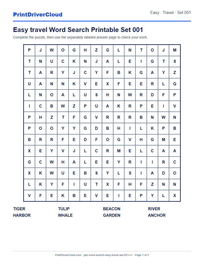 Preview of Easy travel Word Search Printable Set 001