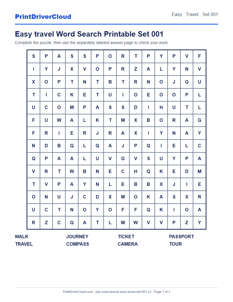 Easy Travel Word Search Printable Set 001 preview