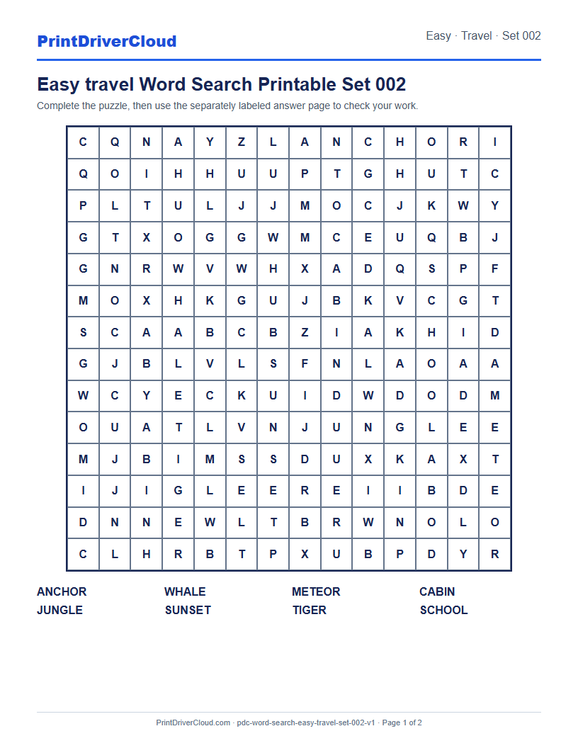 Preview of Easy travel Word Search Printable Set 002