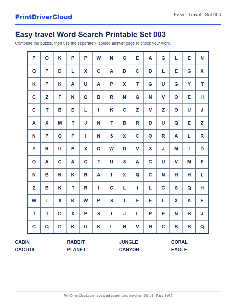 Preview of Easy travel Word Search Printable Set 003