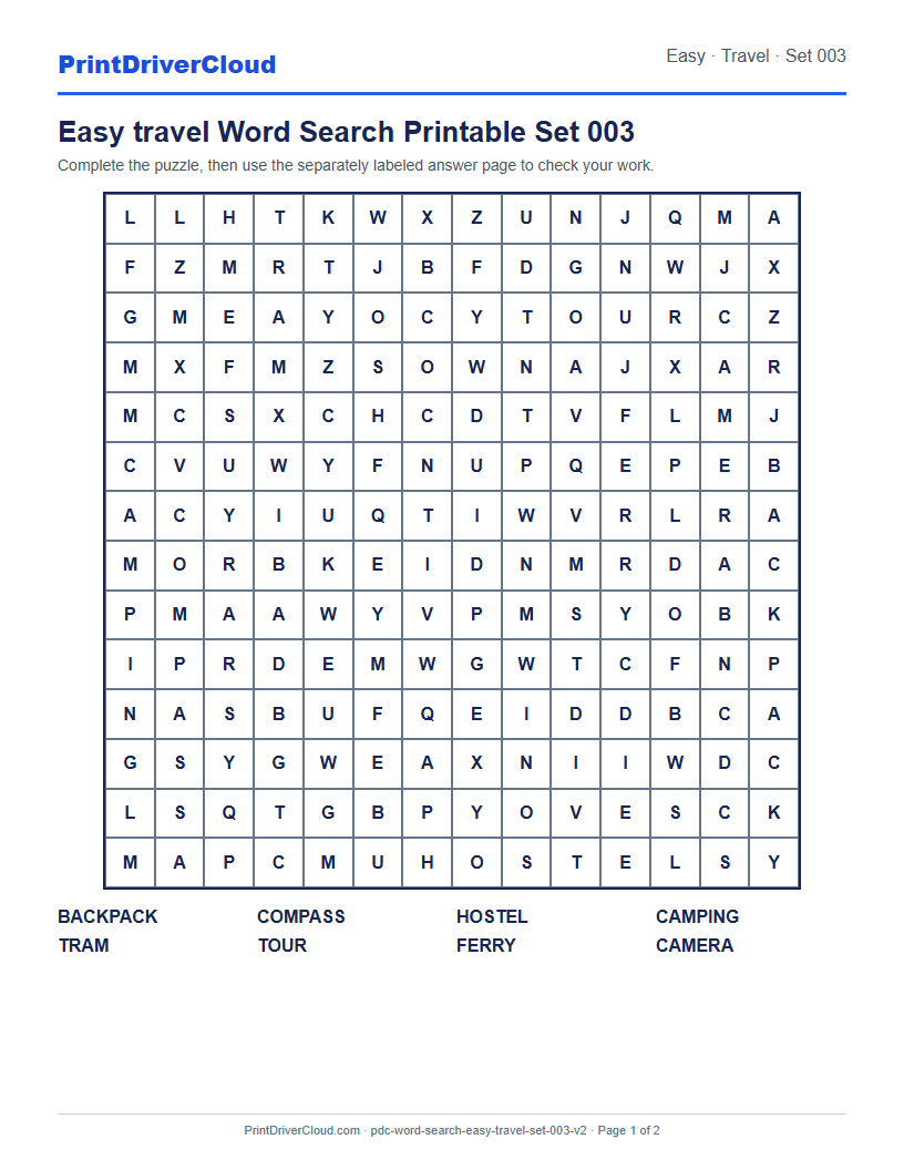 Easy Travel Word Search Printable Set 003 preview