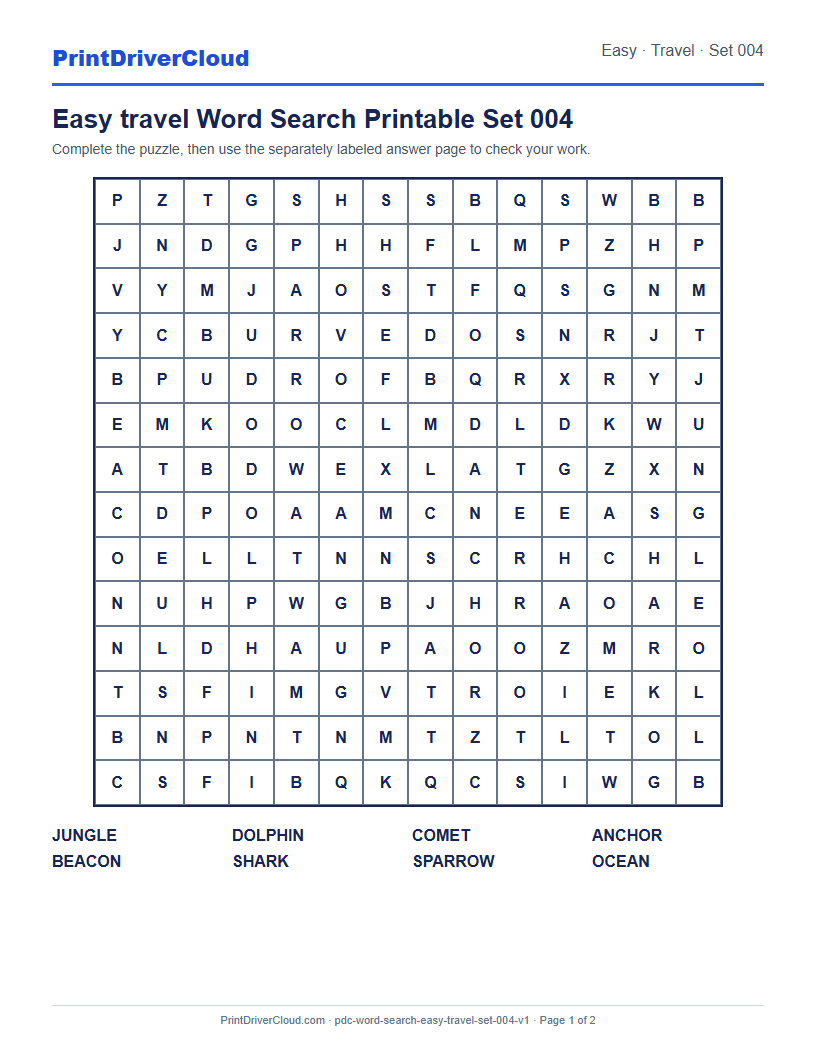 Preview of Easy travel Word Search Printable Set 004