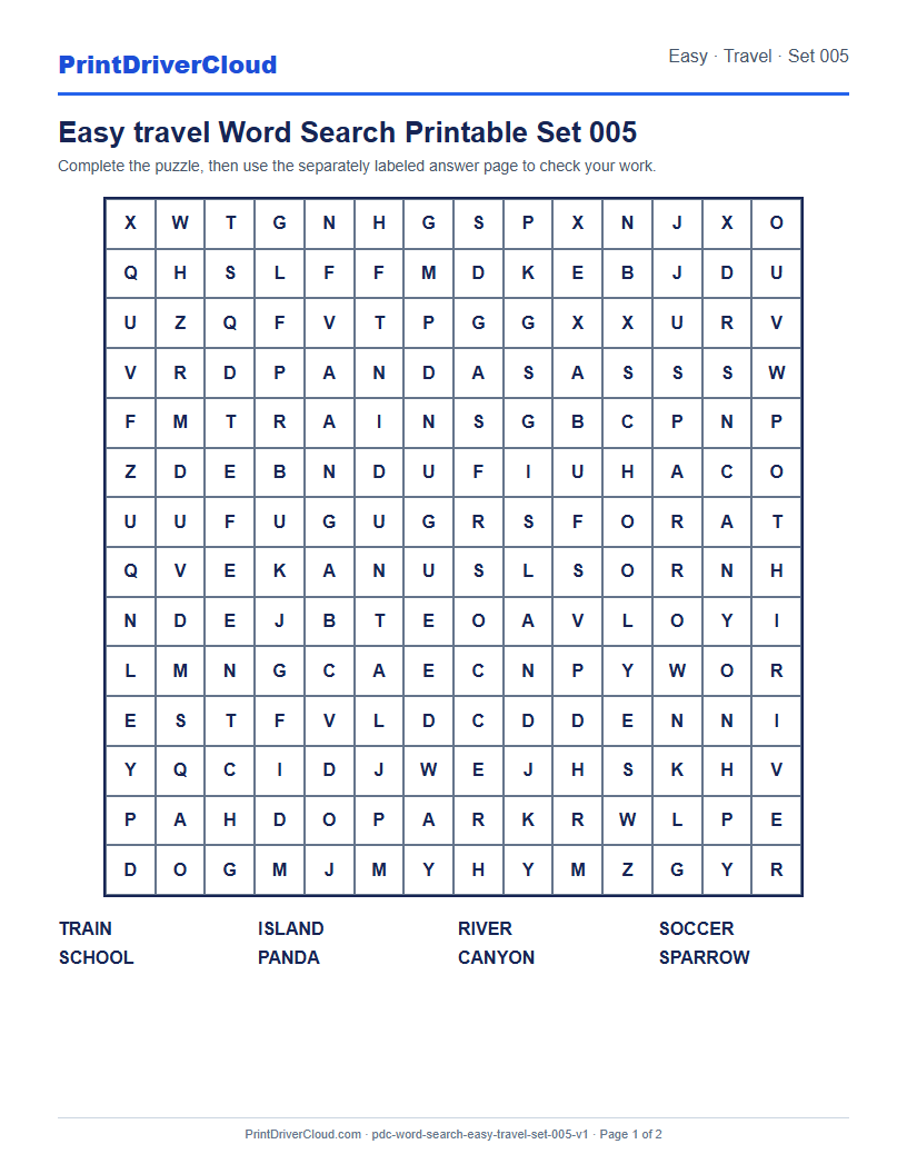 Preview of Easy travel Word Search Printable Set 005