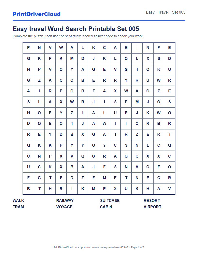 Easy Travel Word Search Printable Set 005 preview