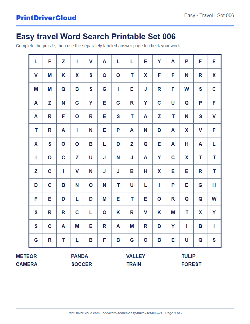 Preview of Easy travel Word Search Printable Set 006