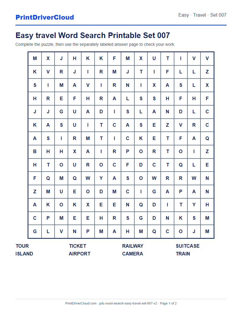 Easy Travel Word Search Printable Set 007 preview