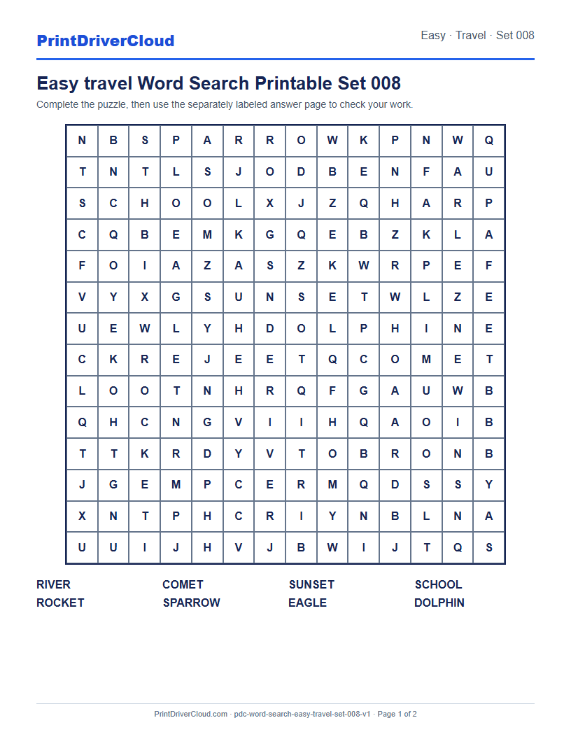 Preview of Easy travel Word Search Printable Set 008