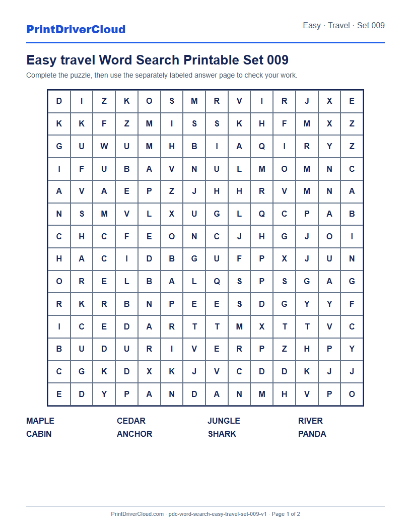 Preview of Easy travel Word Search Printable Set 009