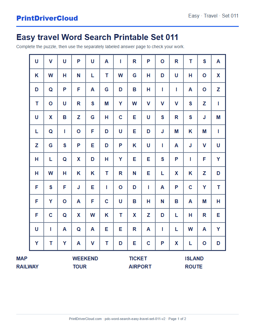 Easy Travel Word Search Printable Set 011 preview