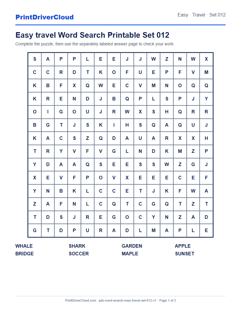 Preview of Easy travel Word Search Printable Set 012