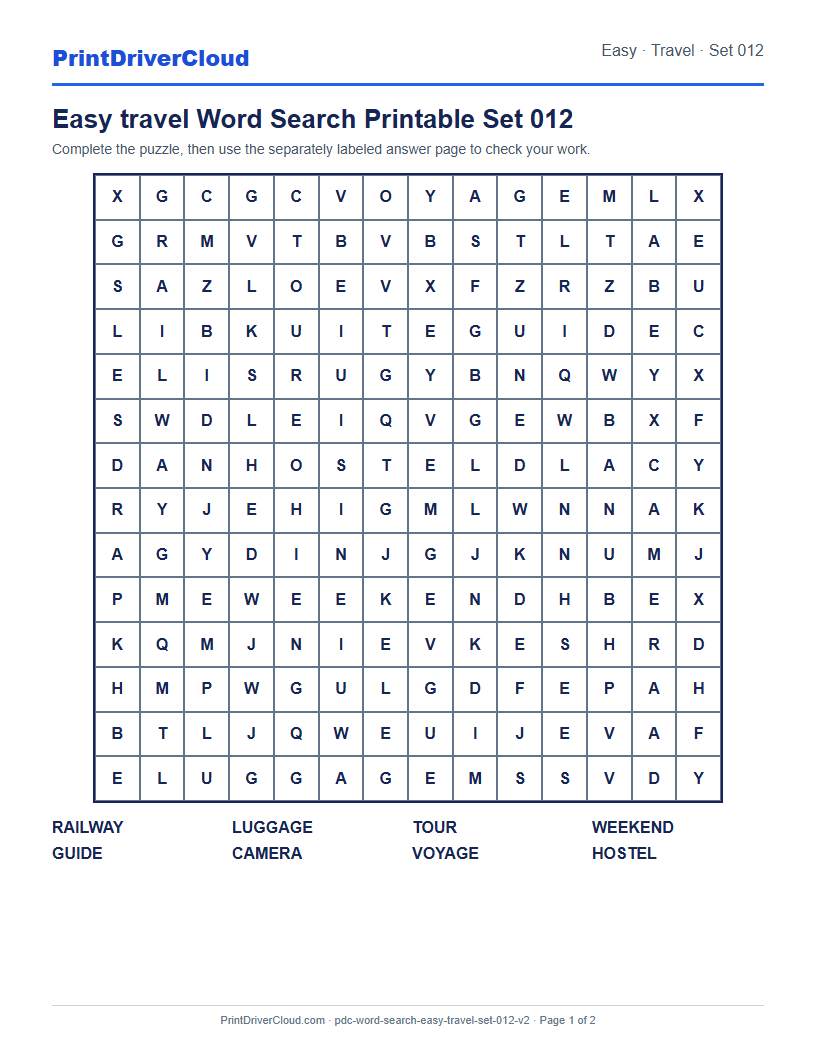 Easy Travel Word Search Printable Set 012 preview