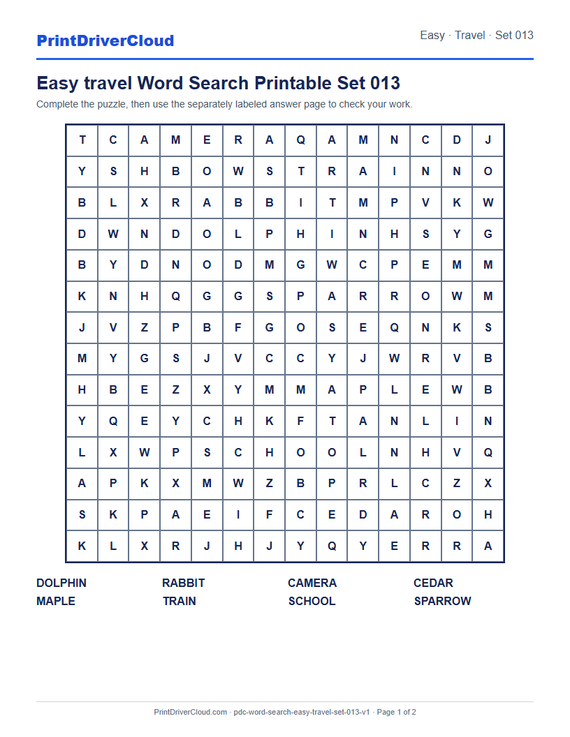Preview of Easy travel Word Search Printable Set 013