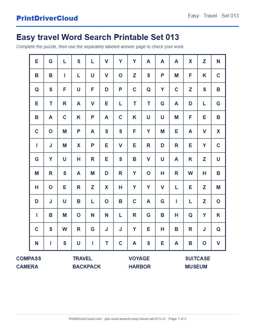 Easy Travel Word Search Printable Set 013 preview