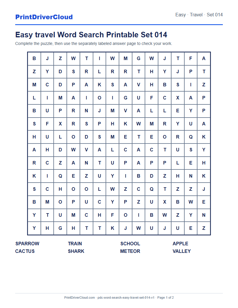 Preview of Easy travel Word Search Printable Set 014