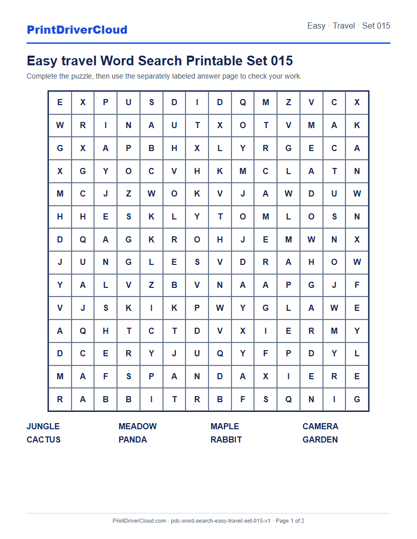 Preview of Easy travel Word Search Printable Set 015