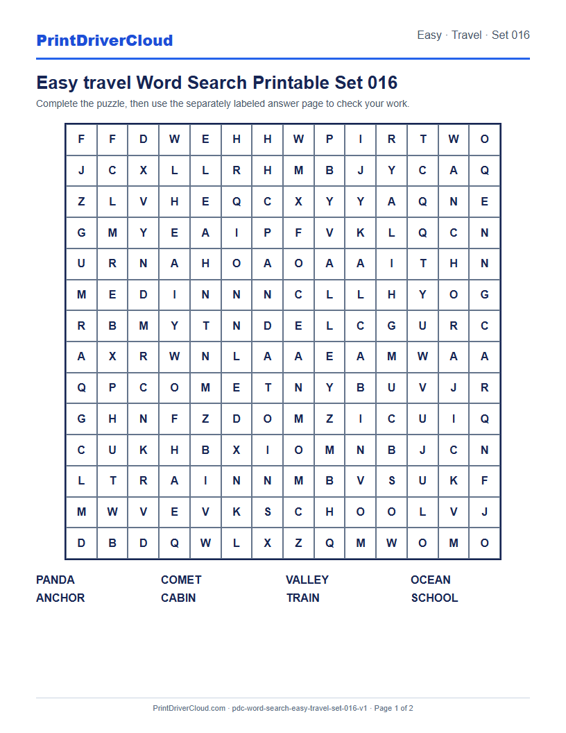 Preview of Easy travel Word Search Printable Set 016