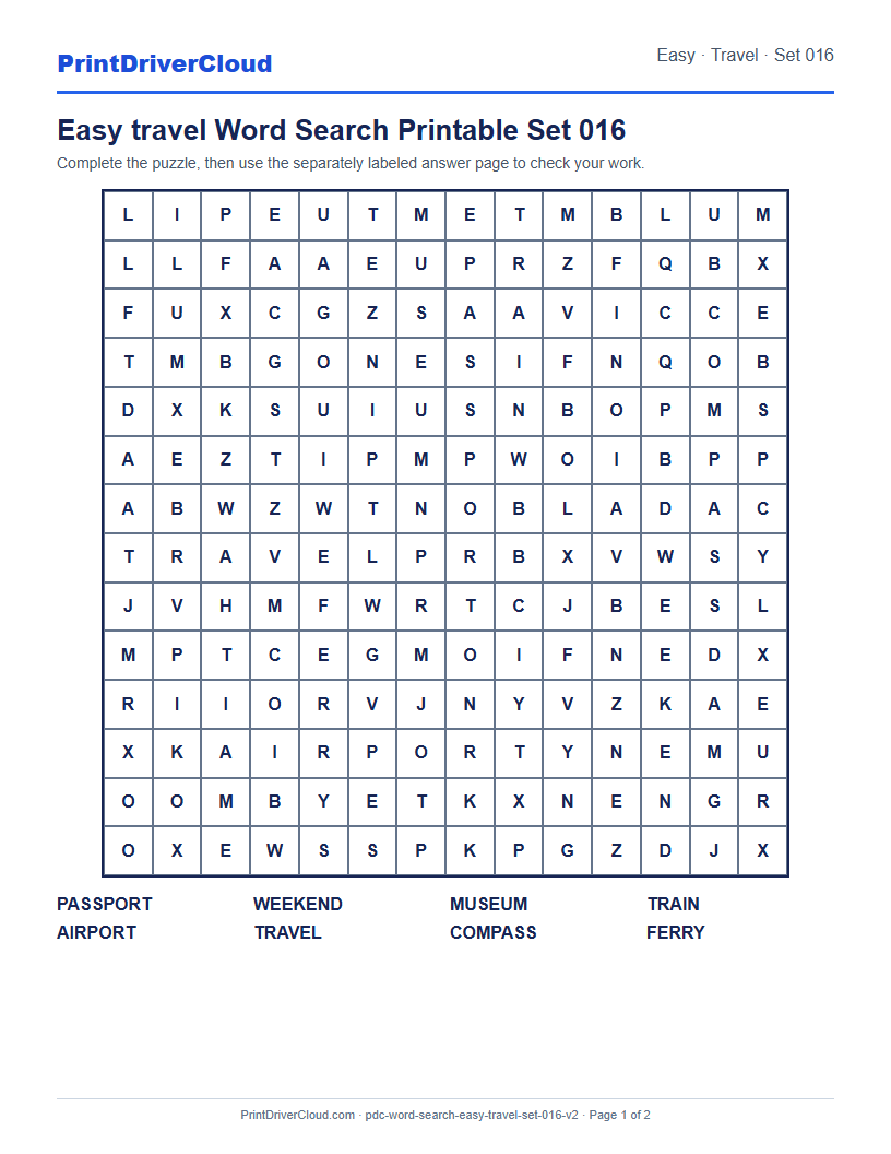 Easy Travel Word Search Printable Set 016 preview