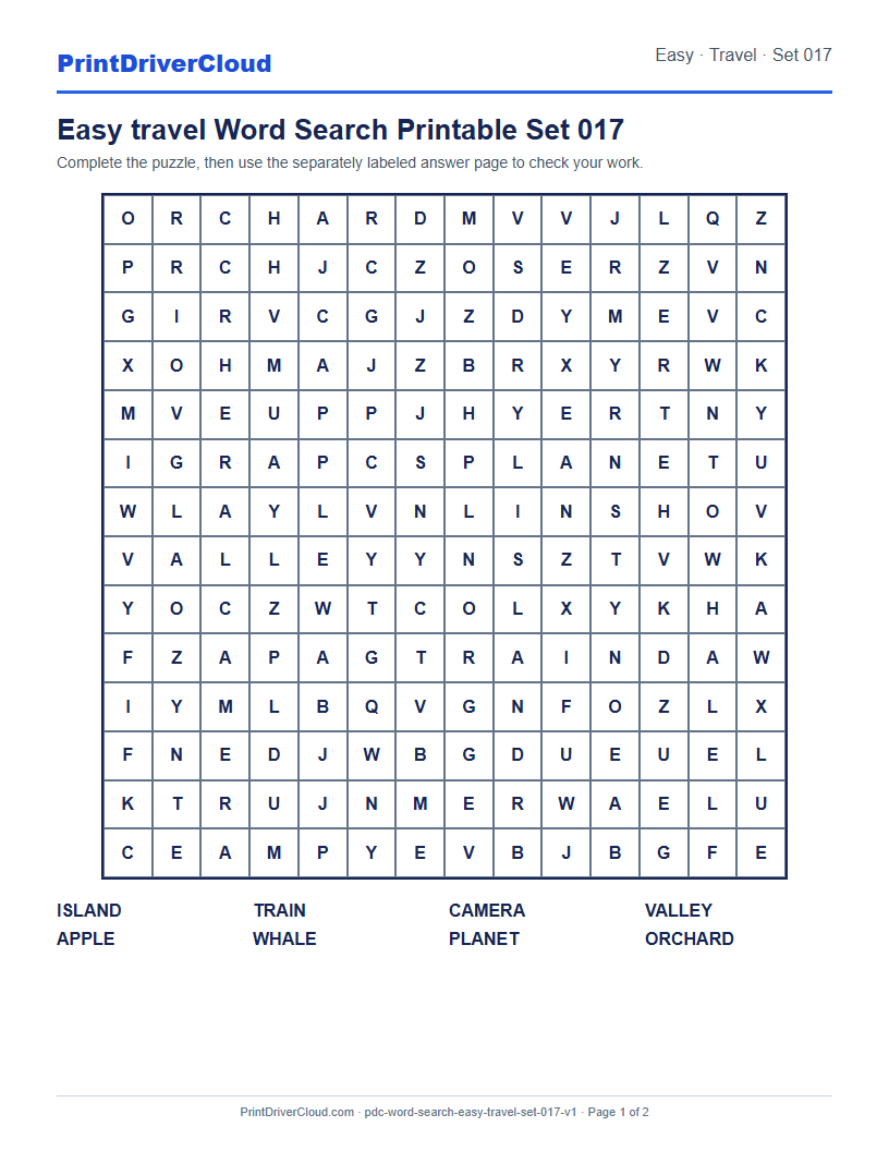 Preview of Easy travel Word Search Printable Set 017