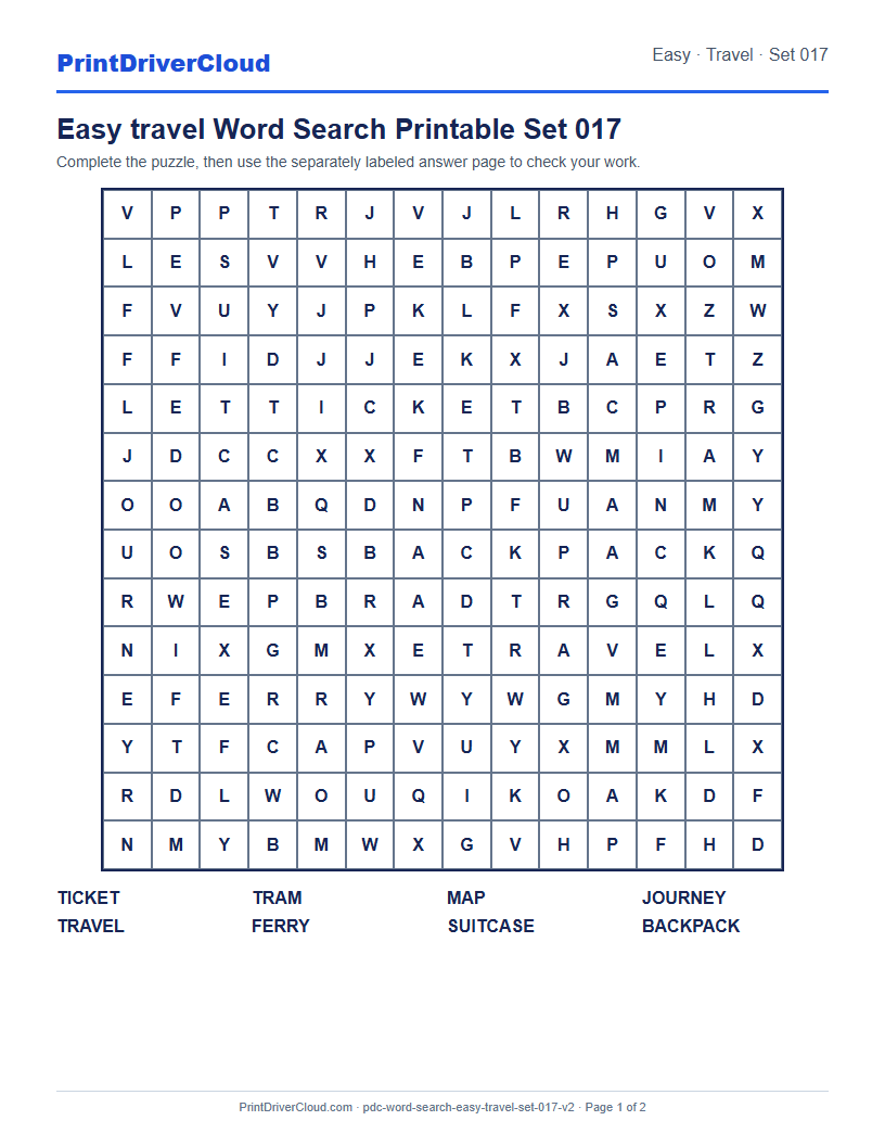 Easy Travel Word Search Printable Set 017 preview