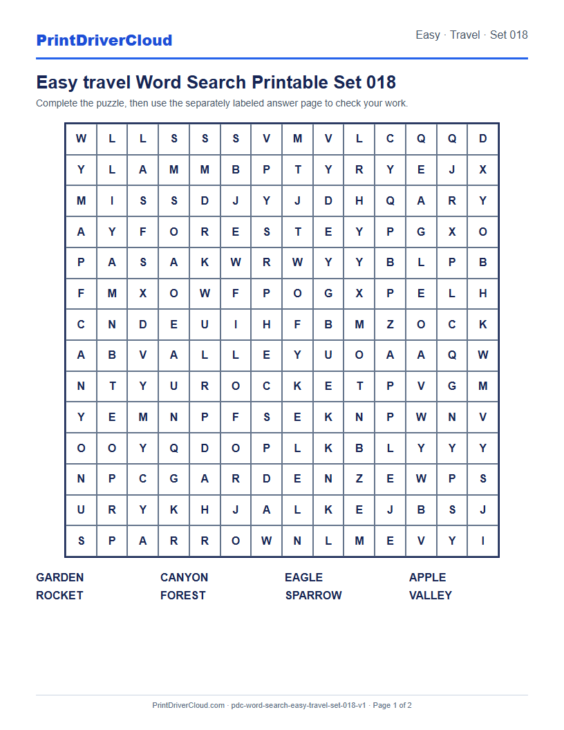 Preview of Easy travel Word Search Printable Set 018