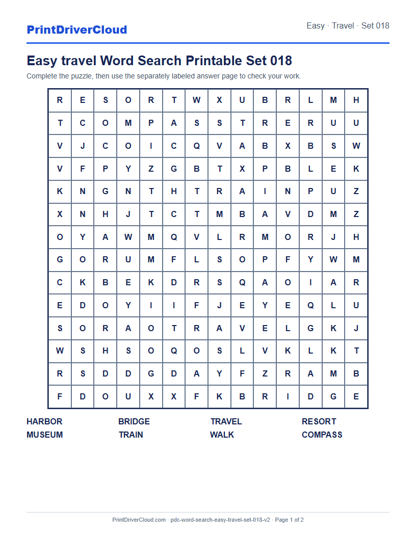 Easy Travel Word Search Printable Set 018 preview