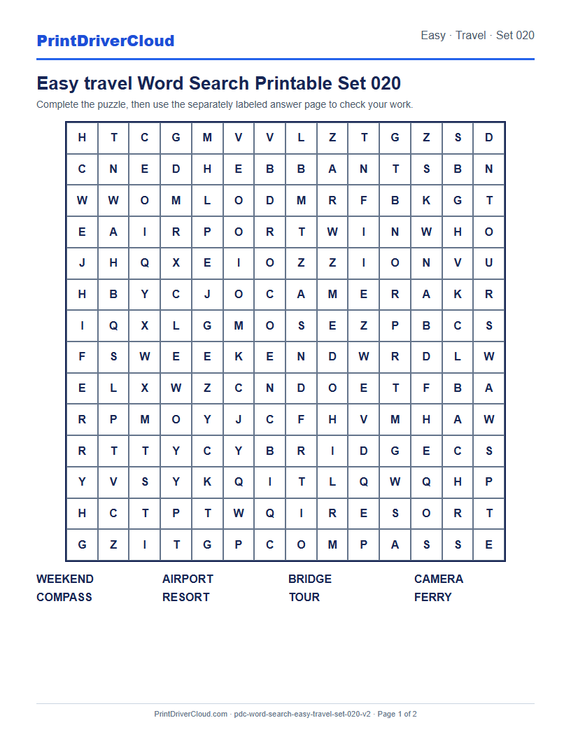 Easy Travel Word Search Printable Set 020 preview