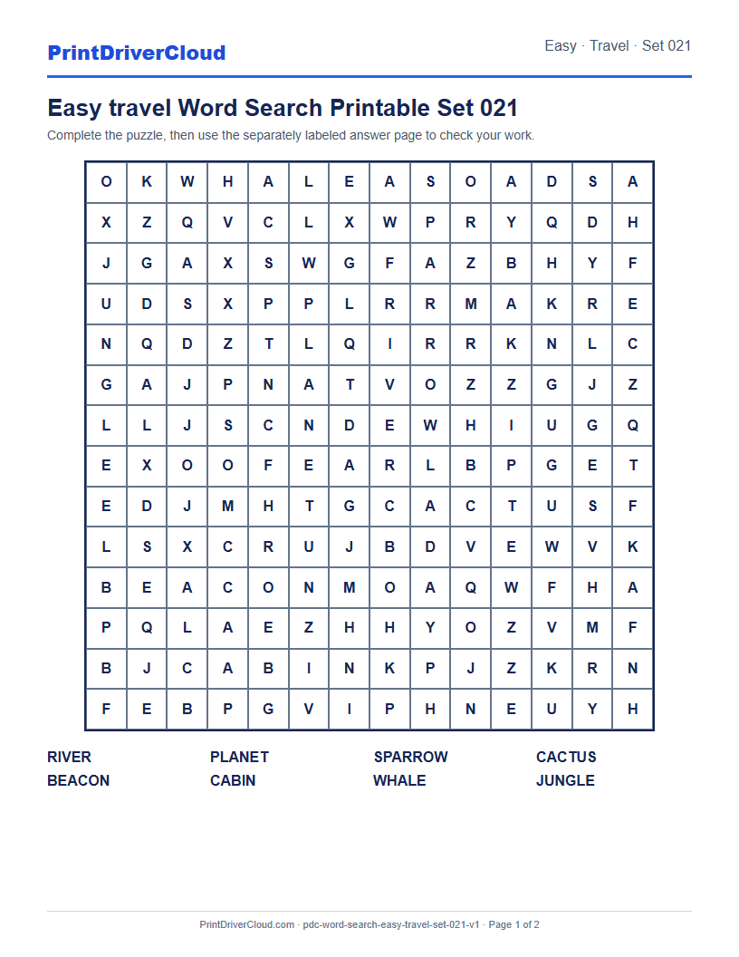 Preview of Easy travel Word Search Printable Set 021