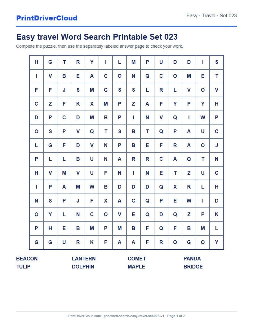 Preview of Easy travel Word Search Printable Set 023