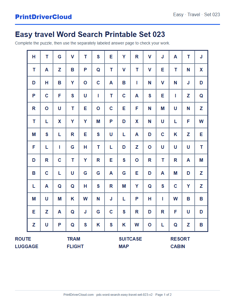 Easy Travel Word Search Printable Set 023 preview