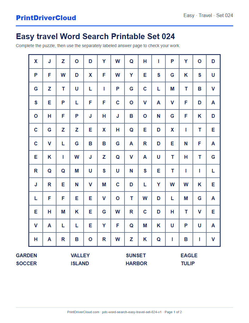 Preview of Easy travel Word Search Printable Set 024