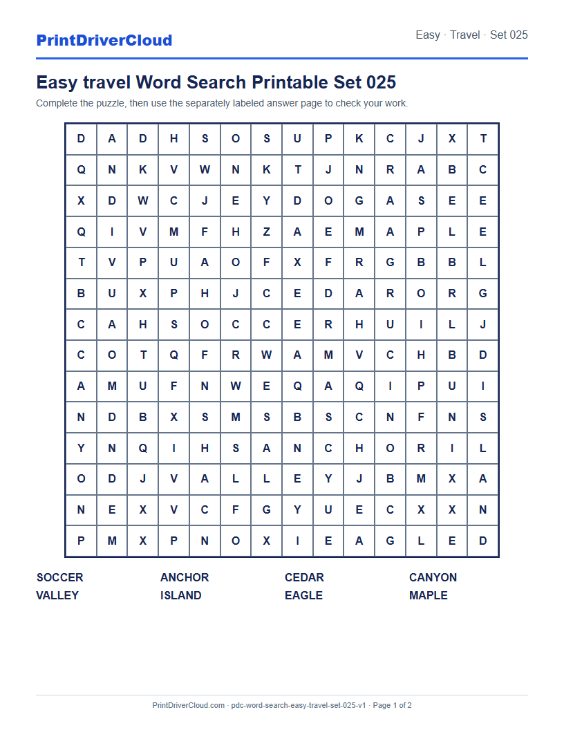 Preview of Easy travel Word Search Printable Set 025