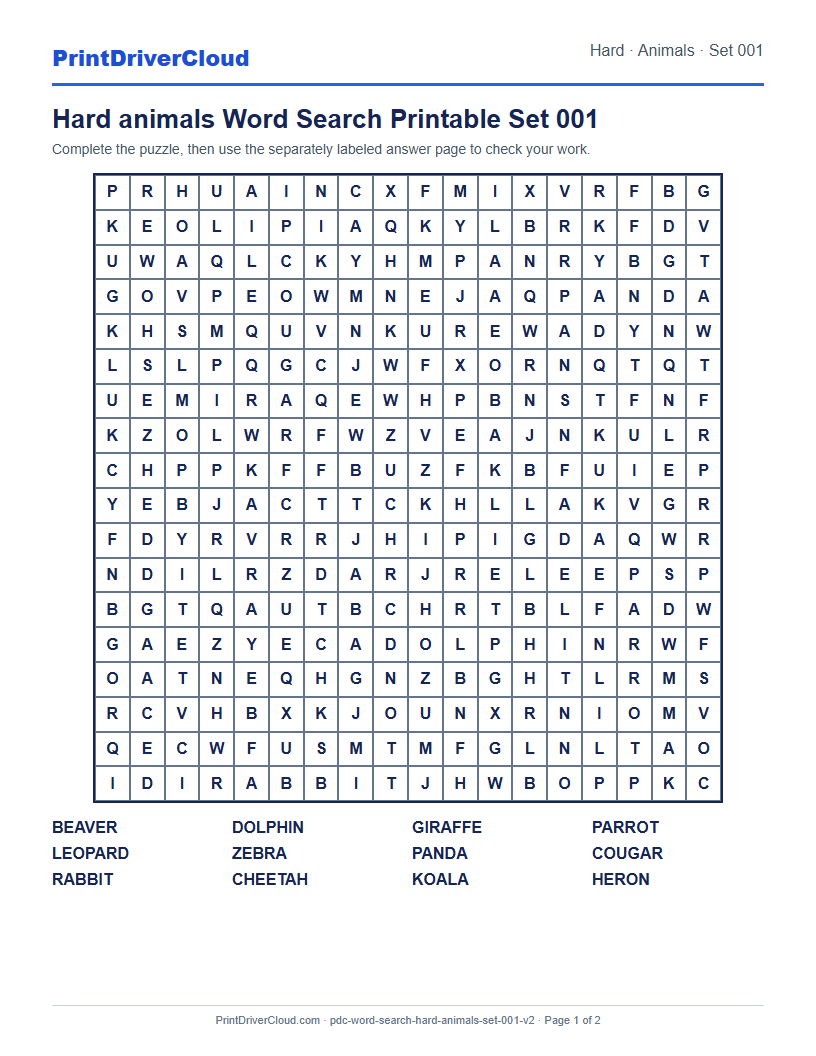 Hard Animals Word Search Printable Set 001 preview