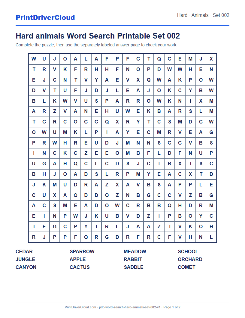 Preview of Hard animals Word Search Printable Set 002