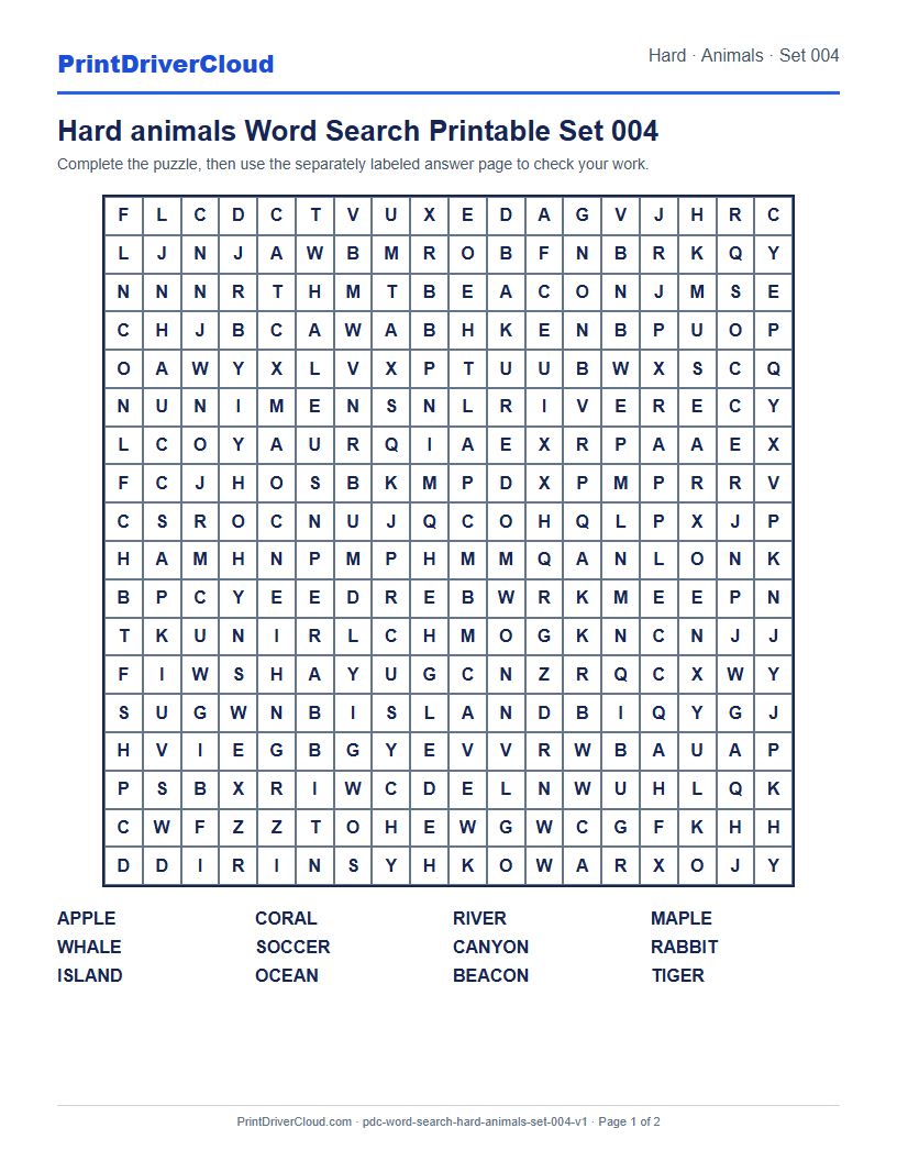 Preview of Hard animals Word Search Printable Set 004