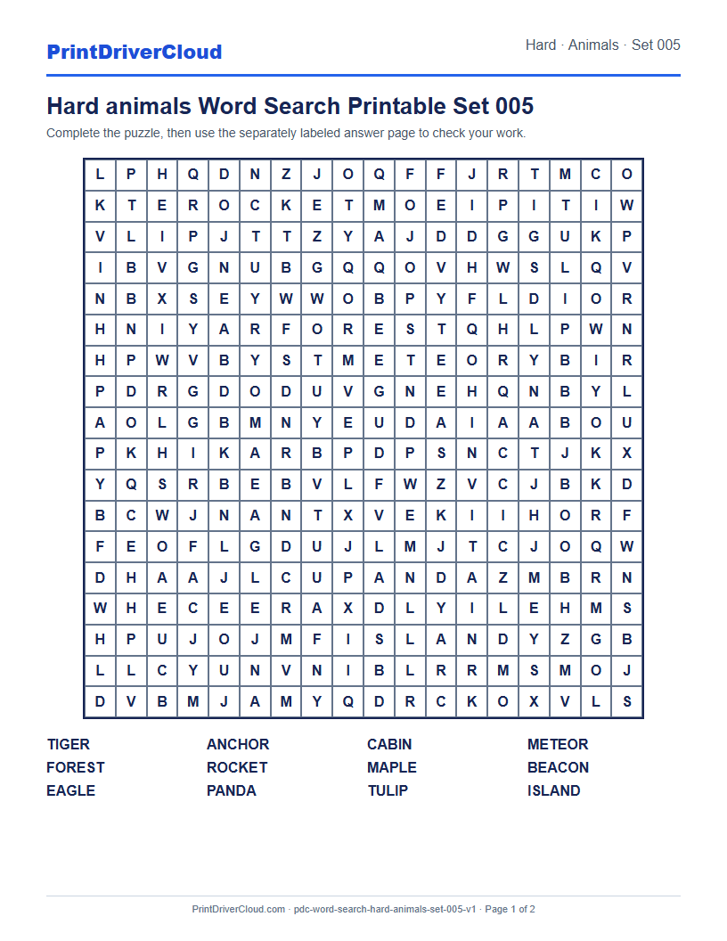 Preview of Hard animals Word Search Printable Set 005