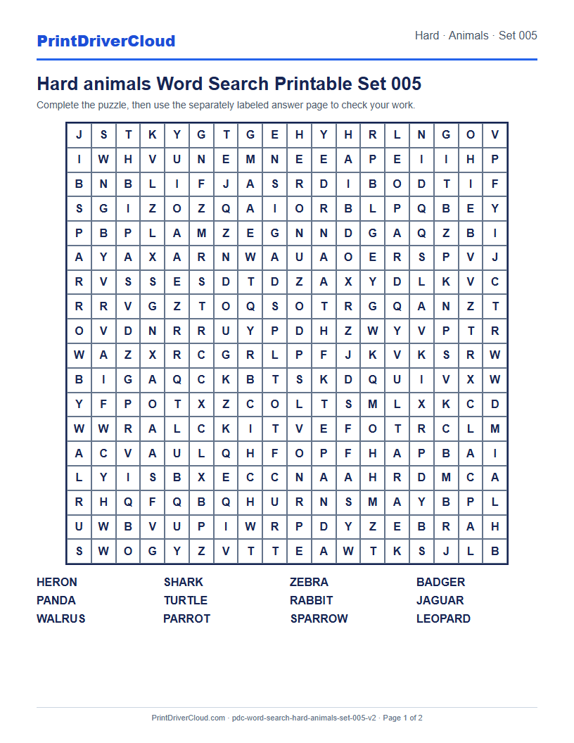 Hard Animals Word Search Printable Set 005 preview